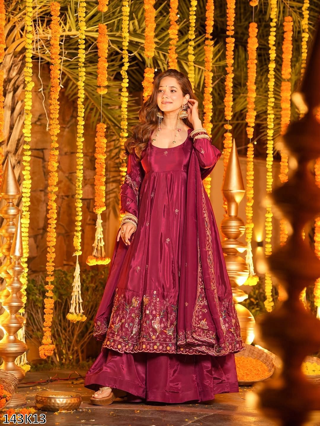 Designer Natural Crepe Silk Anarkali Plazzo Set with Dupatta | Thread &amp; Sequin Embroidery