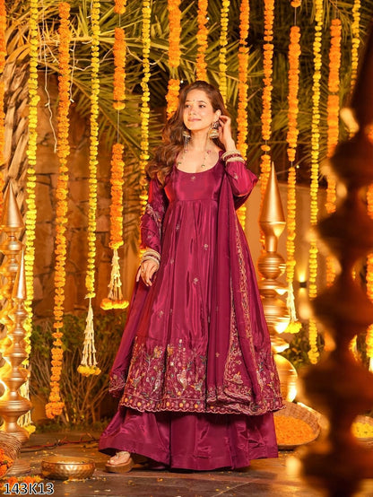 Designer Natural Crepe Silk Anarkali Plazzo Set with Dupatta | Thread &amp; Sequin Embroidery