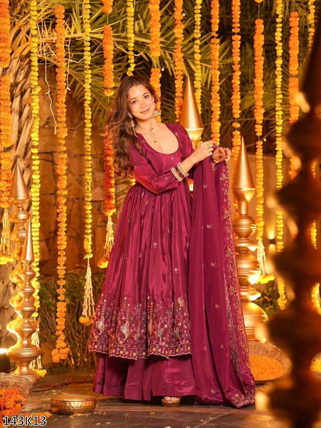 Designer Natural Crepe Silk Anarkali Plazzo Set with Dupatta | Thread &amp; Sequin Embroidery