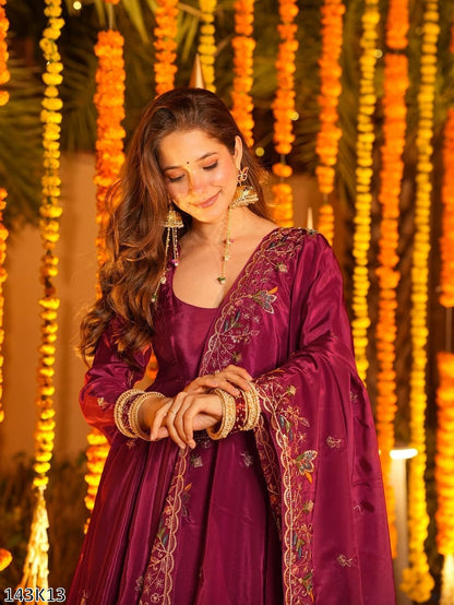 Designer Natural Crepe Silk Anarkali Plazzo Set with Dupatta | Thread &amp; Sequin Embroidery