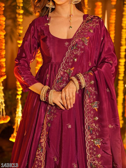 Designer Natural Crepe Silk Anarkali Plazzo Set with Dupatta | Thread &amp; Sequin Embroidery