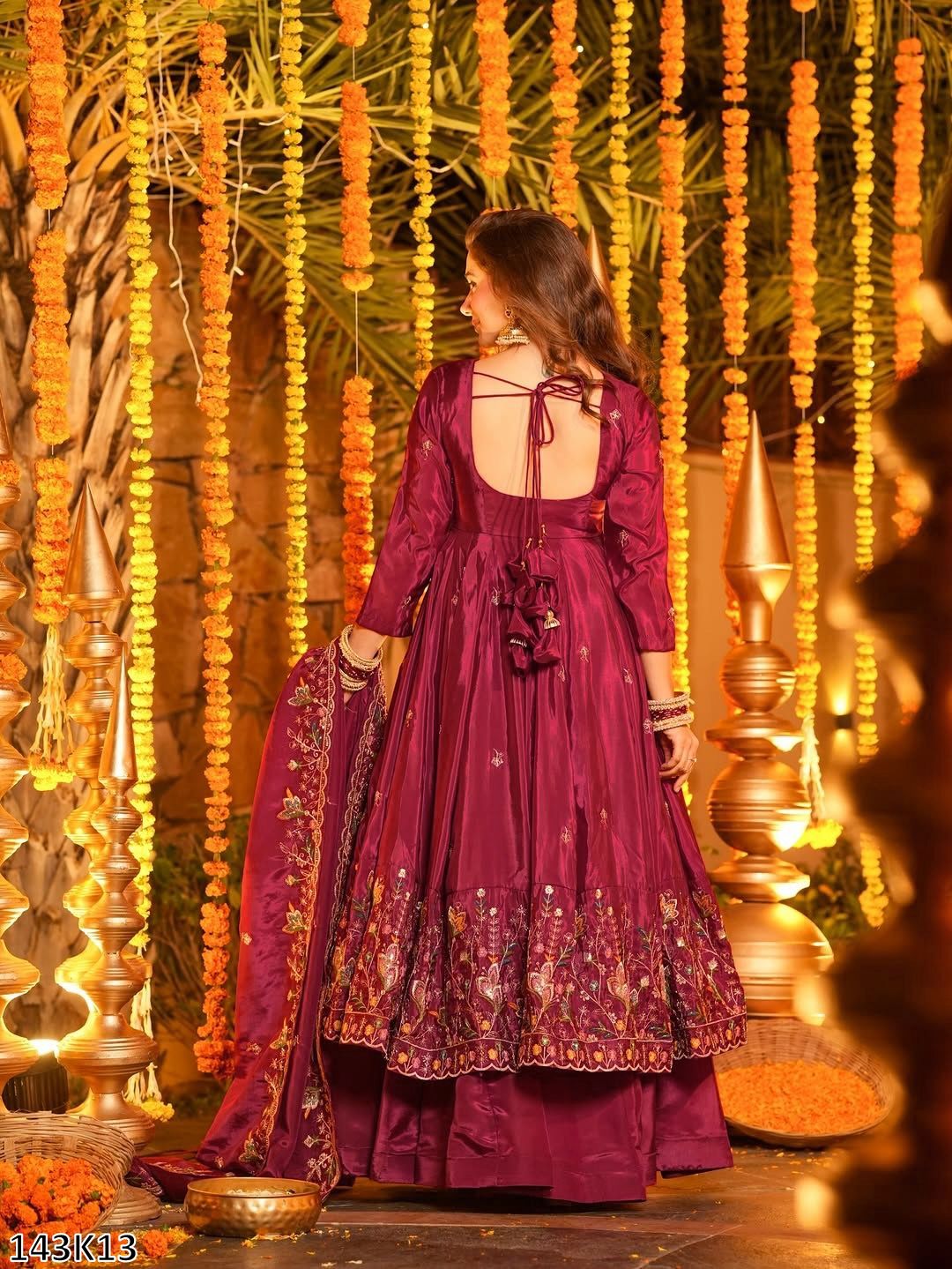 Designer Natural Crepe Silk Anarkali Plazzo Set with Dupatta | Thread &amp; Sequin Embroidery