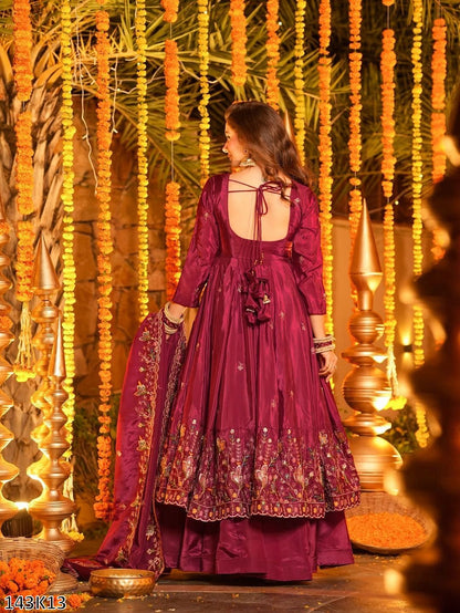 Designer Natural Crepe Silk Anarkali Plazzo Set with Dupatta | Thread &amp; Sequin Embroidery
