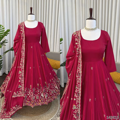 Designer Natural Crepe Silk Anarkali Plazzo Set with Dupatta | Thread &amp; Sequin Embroidery