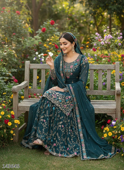 Premium JMC Silk Anarkali Sharara Set with Dupatta | Heavy Thread & Sequence Embroidery
