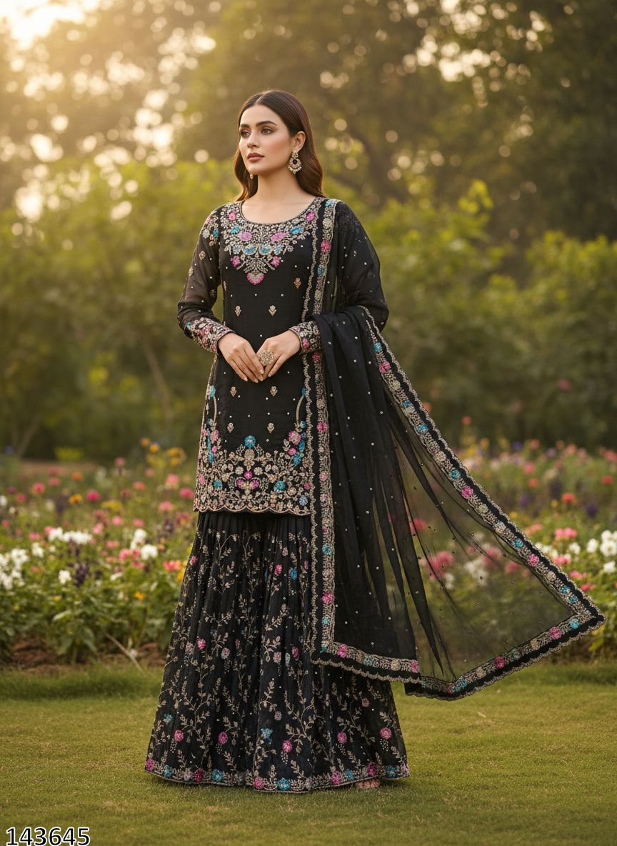 Designer JMC Silk Anarkali Sharara Set with Dupatta | Thread, Sequin &amp; Rivet Moti Work