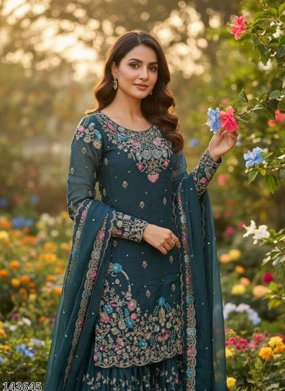 Premium JMC Silk Anarkali Sharara Set with Dupatta | Heavy Thread & Sequence Embroidery