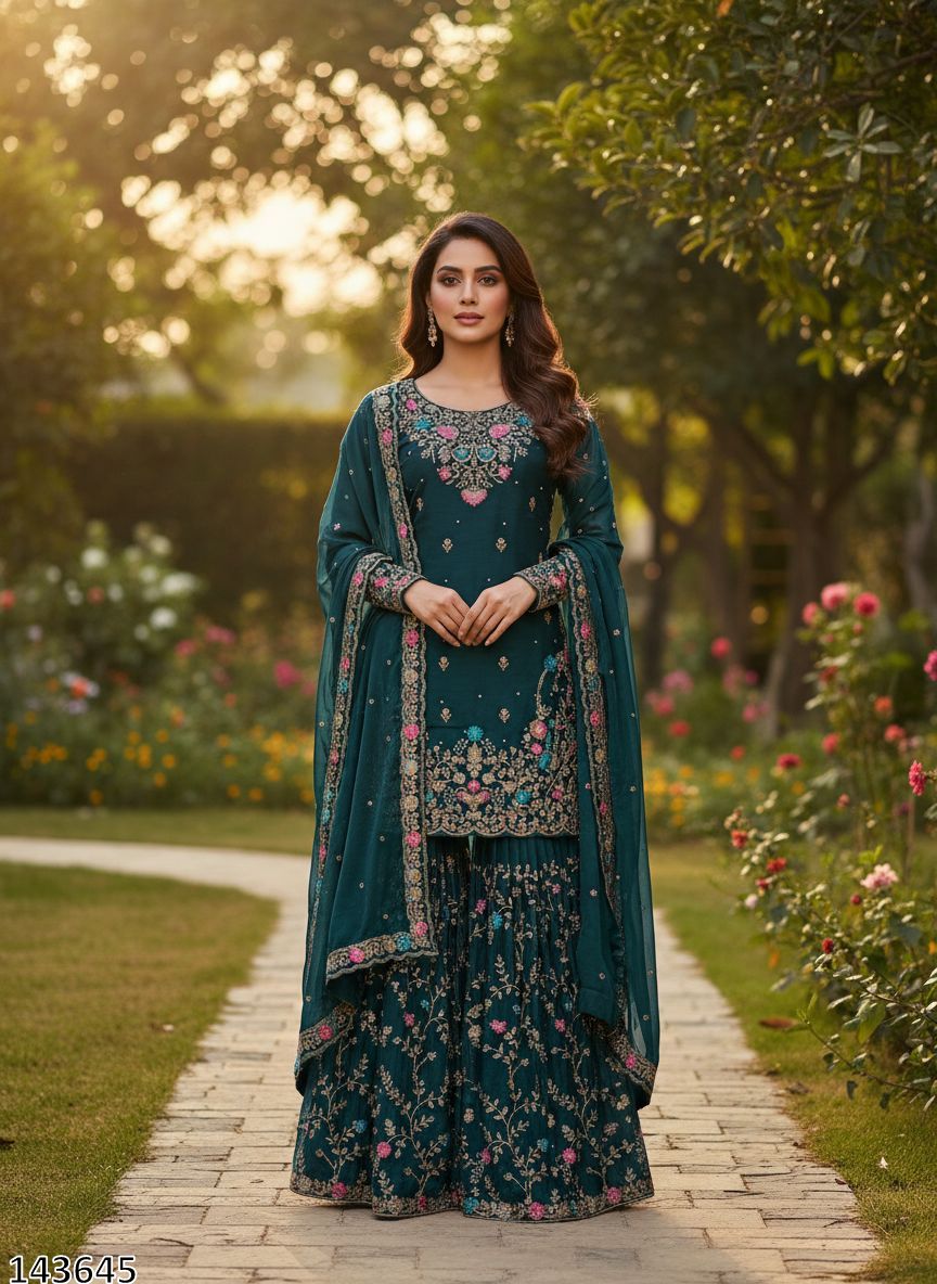 Designer JMC Silk Anarkali Sharara Set with Dupatta | Thread, Sequin &amp; Rivet Moti Work