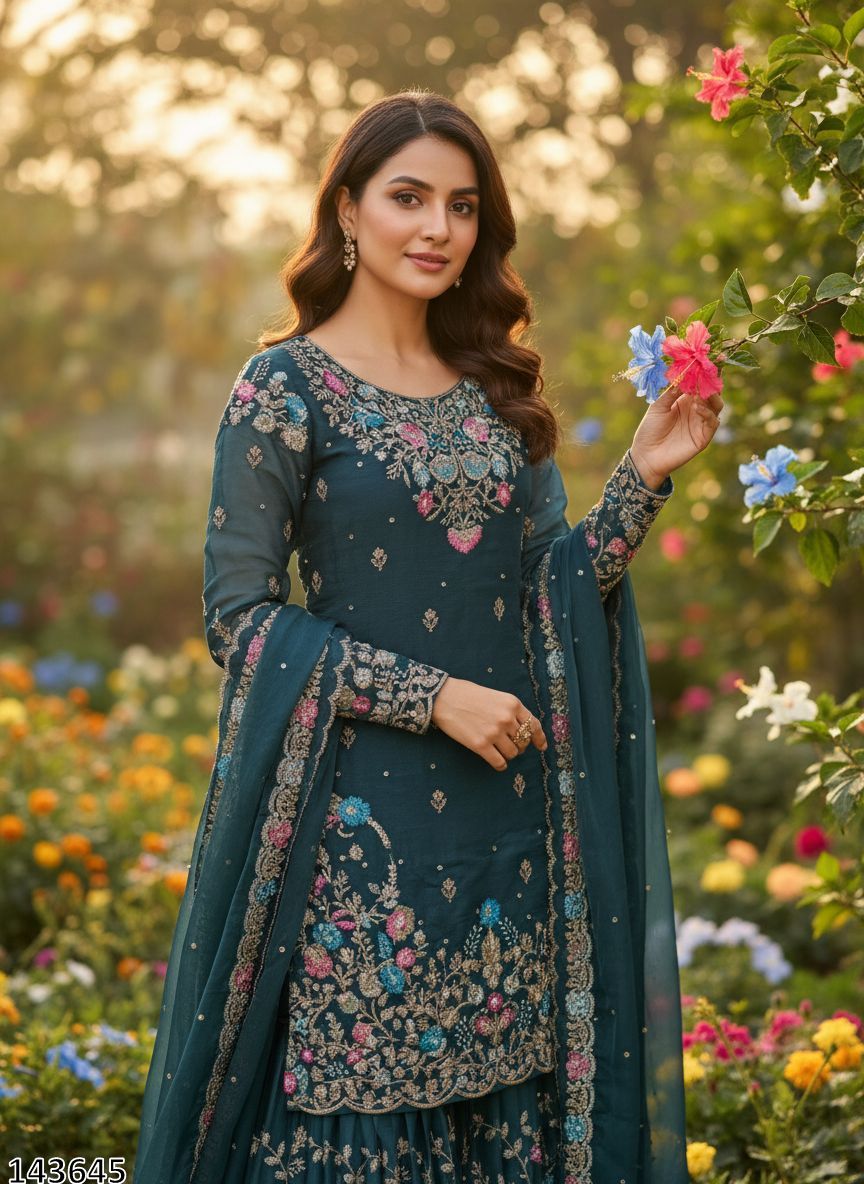 Designer JMC Silk Anarkali Sharara Set with Dupatta | Thread, Sequin &amp; Rivet Moti Work
