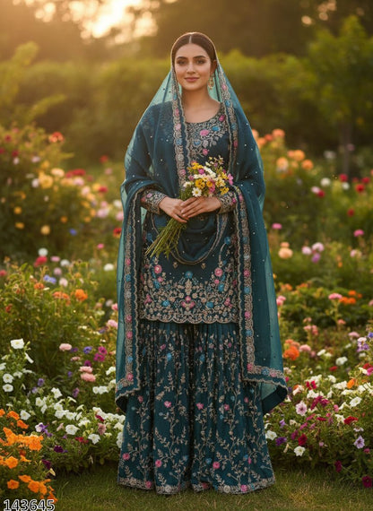 Premium JMC Silk Anarkali Sharara Set with Dupatta | Heavy Thread & Sequence Embroidery