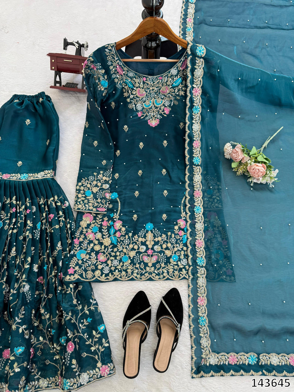 Premium JMC Silk Anarkali Sharara Set with Dupatta | Heavy Thread & Sequence Embroidery