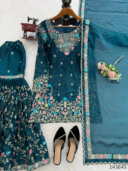 Designer JMC Silk Anarkali Sharara Set with Dupatta | Thread, Sequin &amp; Rivet Moti Work