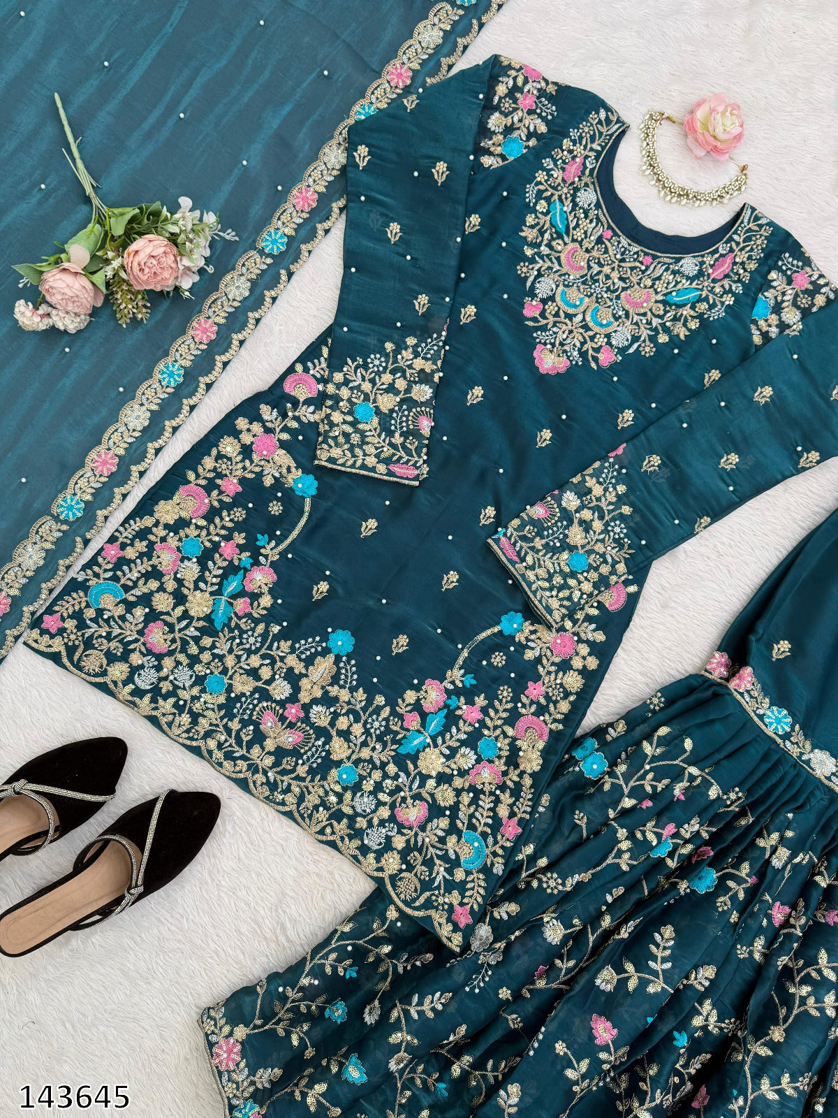 Premium JMC Silk Anarkali Sharara Set with Dupatta | Heavy Thread & Sequence Embroidery