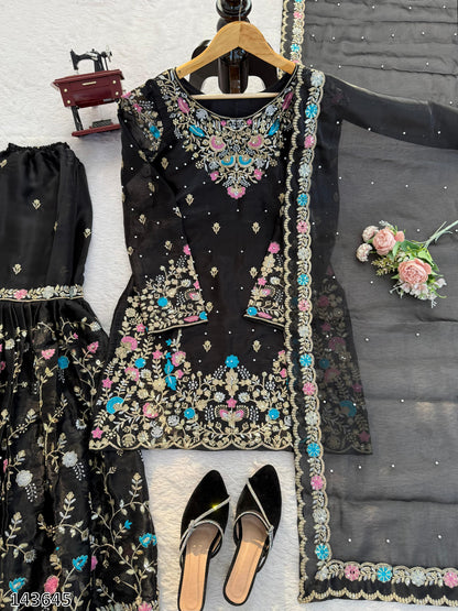 Premium JMC Silk Anarkali Sharara Set with Dupatta | Heavy Thread & Sequence Embroidery