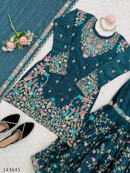 Designer JMC Silk Anarkali Sharara Set with Dupatta | Thread, Sequin &amp; Rivet Moti Work