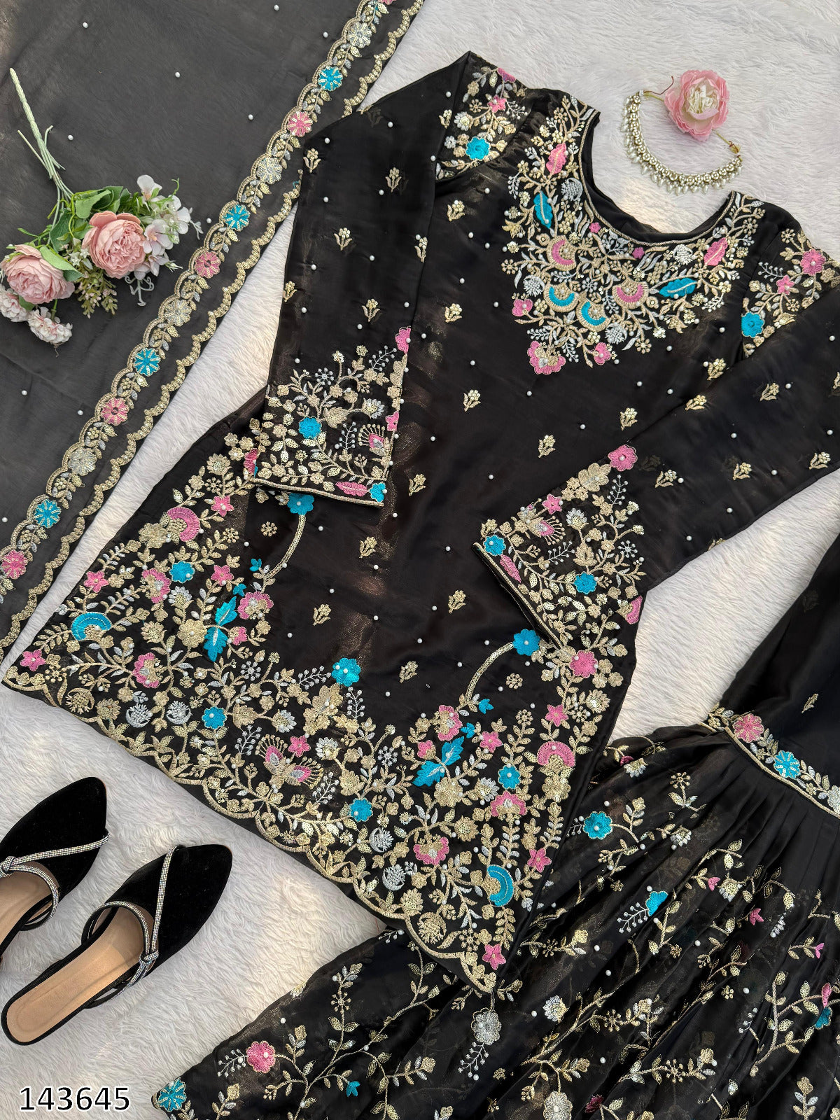 Premium JMC Silk Anarkali Sharara Set with Dupatta | Heavy Thread & Sequence Embroidery