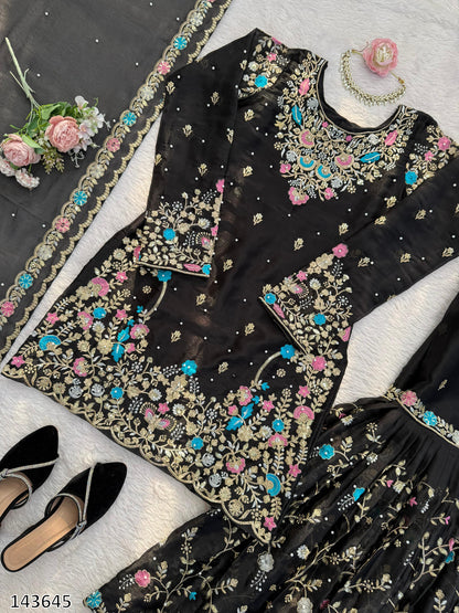 Premium JMC Silk Anarkali Sharara Set with Dupatta | Heavy Thread & Sequence Embroidery