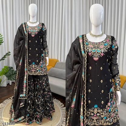 Designer JMC Silk Anarkali Sharara Set with Dupatta | Thread, Sequin &amp; Rivet Moti Work