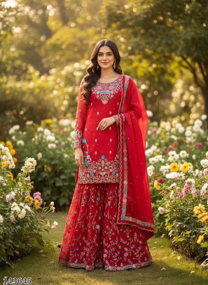 Premium JMC Silk Anarkali Sharara Set with Dupatta | Heavy Thread & Sequence Embroidery