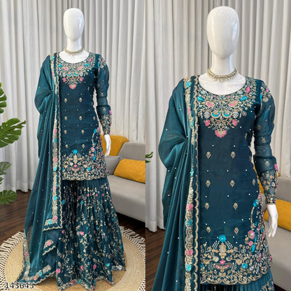 Designer JMC Silk Anarkali Sharara Set with Dupatta | Thread, Sequin &amp; Rivet Moti Work