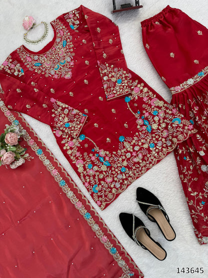 Designer JMC Silk Anarkali Sharara Set with Dupatta | Thread, Sequin &amp; Rivet Moti Work
