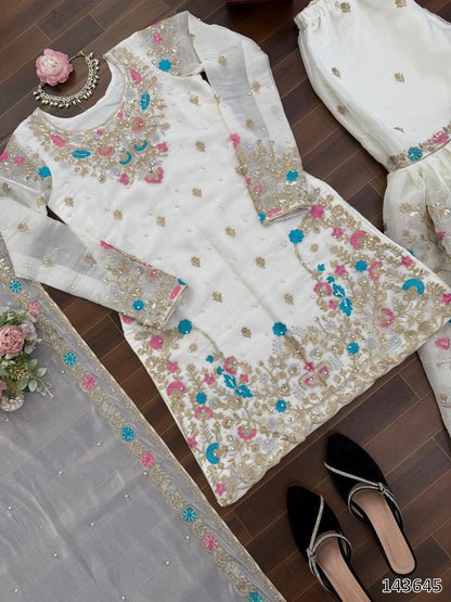Premium JMC Silk Anarkali Sharara Set with Dupatta | Heavy Thread & Sequence Embroidery