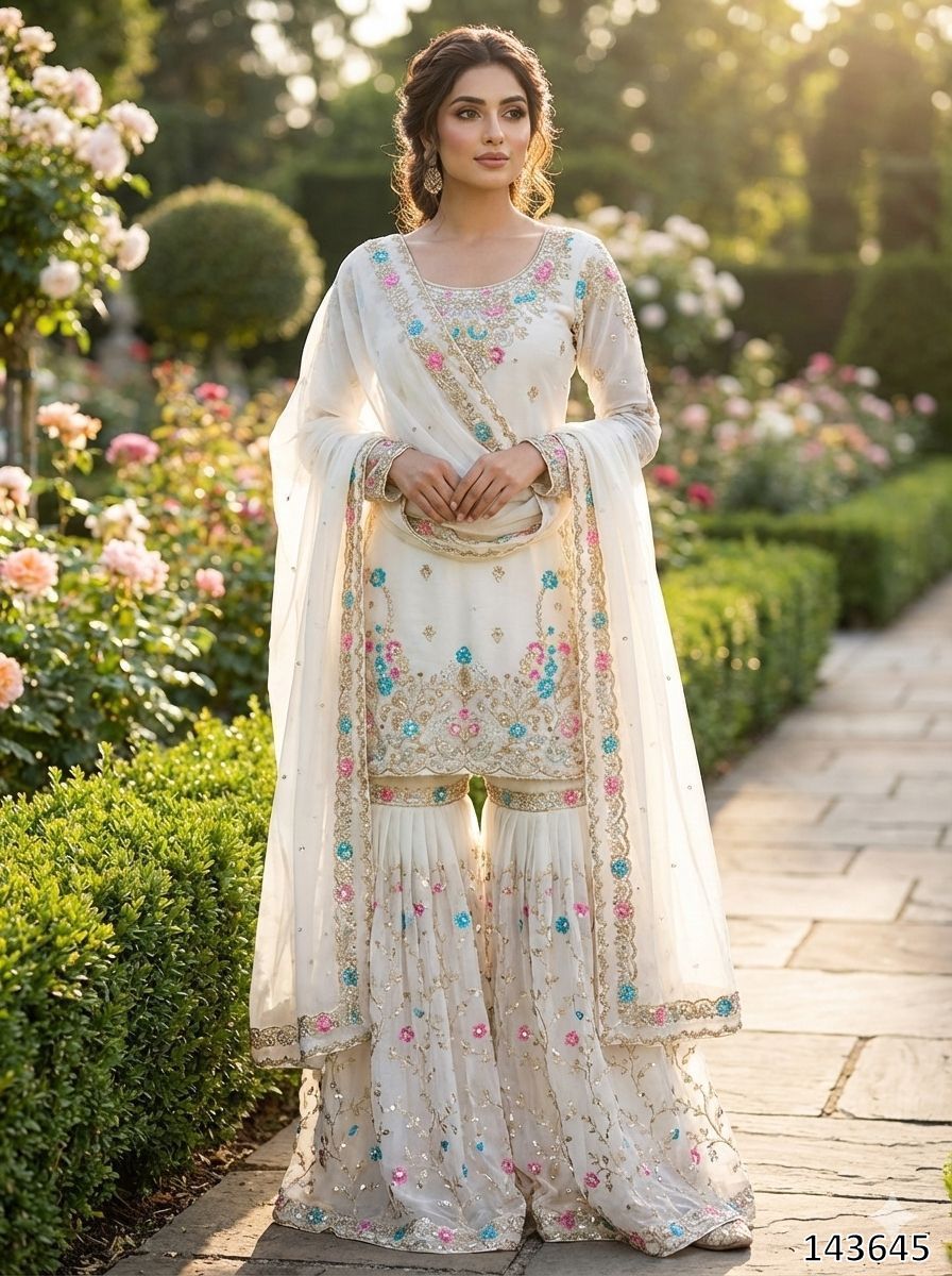 Premium JMC Silk Anarkali Sharara Set with Dupatta | Heavy Thread & Sequence Embroidery