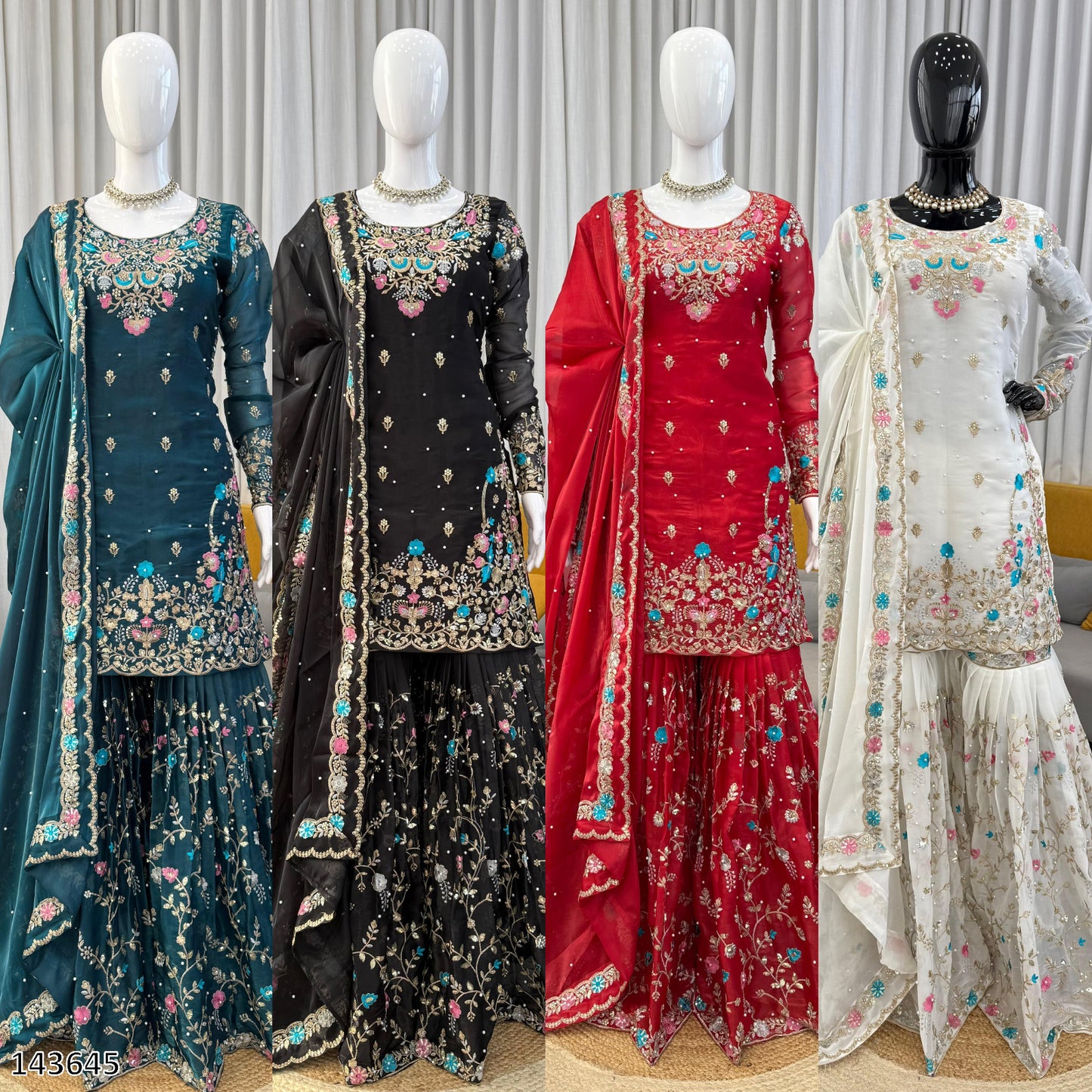 Premium JMC Silk Anarkali Sharara Set with Dupatta | Heavy Thread & Sequence Embroidery