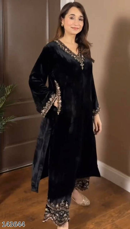 Luxury Viscos Velvet Top & Pant Set with Elegant Thread & Sequence Work