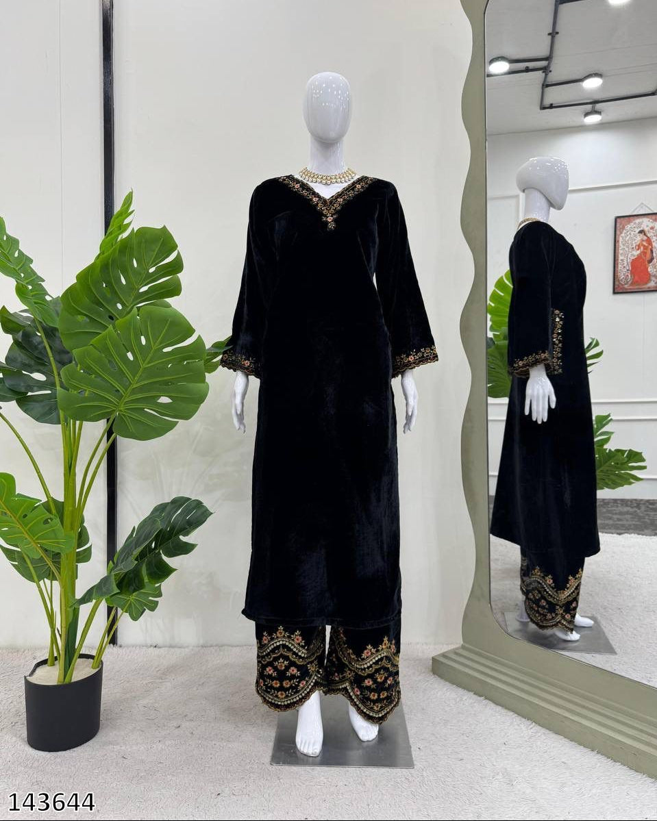 Luxury Viscos Velvet Top & Pant Set with Elegant Thread & Sequence Work