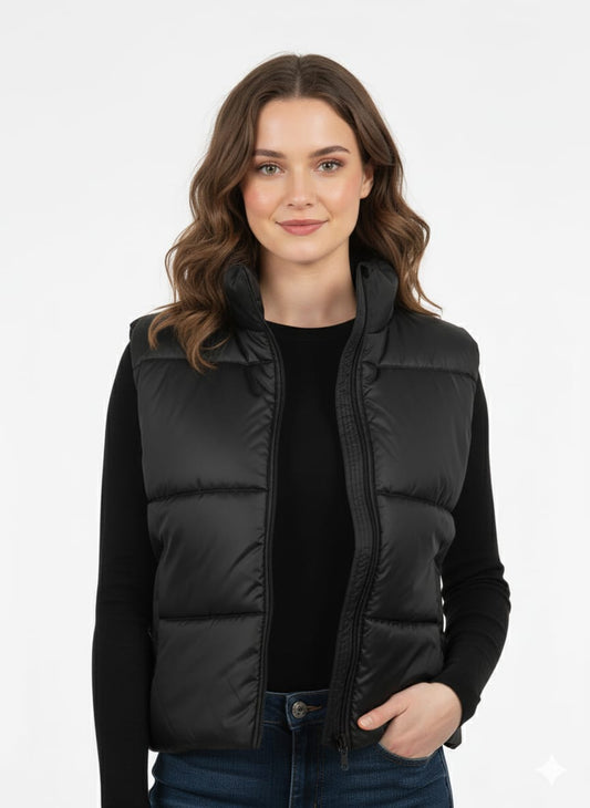 Woman wearing a black puffer vest on a white background