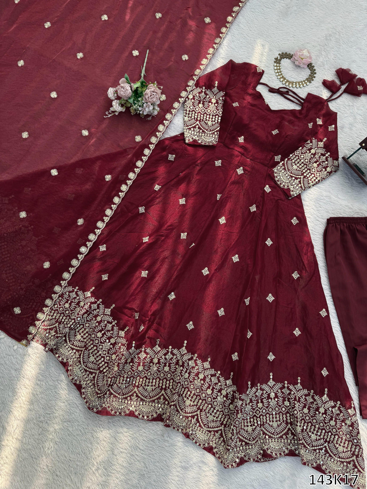 Designer Heavy Fendy Silk Gown with Palazzo &amp; Dupatta | Thread &amp; Sequence Embroidery