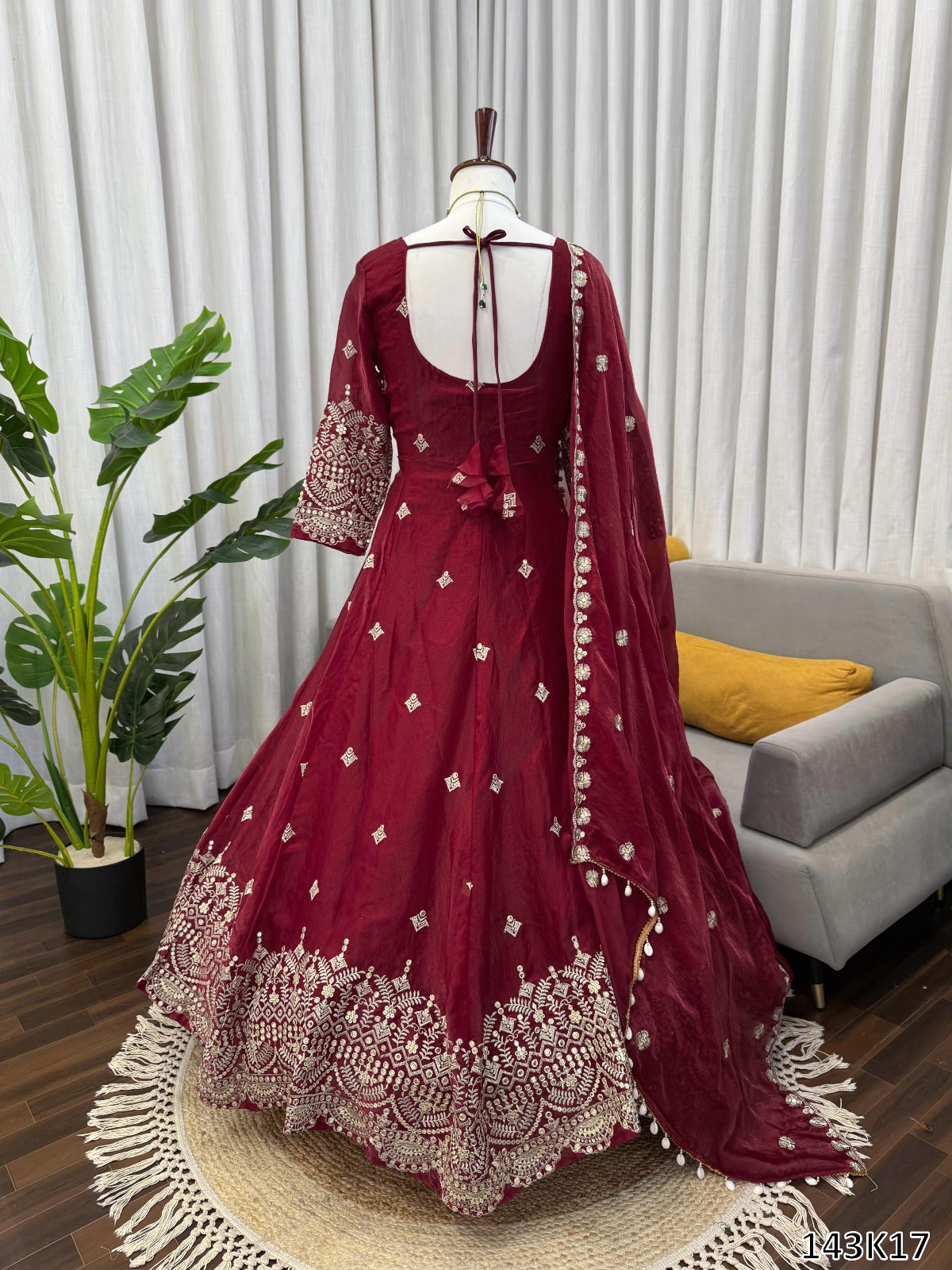 Designer Heavy Fendy Silk Gown with Palazzo &amp; Dupatta | Thread &amp; Sequence Embroidery