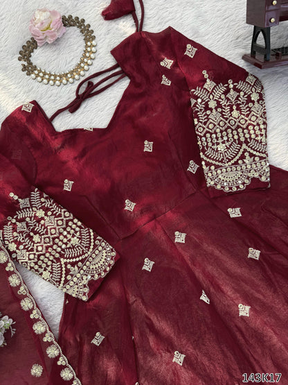 Designer Heavy Fendy Silk Gown with Palazzo &amp; Dupatta | Thread &amp; Sequence Embroidery