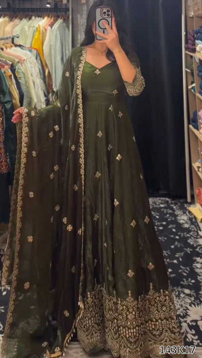 Designer Heavy Fendy Silk Gown with Palazzo &amp; Dupatta | Thread &amp; Sequence Embroidery