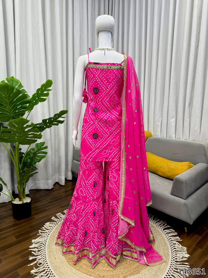 Designer Faux Georgette Top Sharara with Dupatta | Digital Print &amp; Real Mirror Work