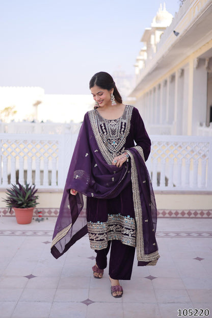 Designer Velvet Top Pant with Tebby Silk Dupatta – Sequins, Zari &amp; Thread Embroidered Set
