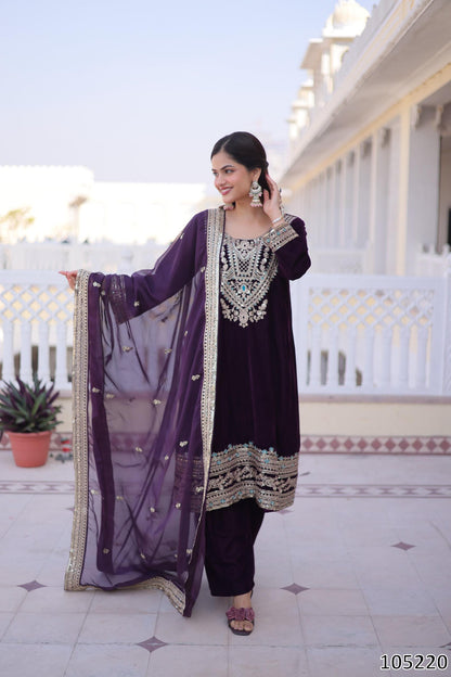 Designer Velvet Top Pant with Tebby Silk Dupatta – Sequins, Zari &amp; Thread Embroidered Set