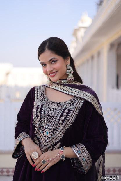 Designer Velvet Top Pant with Tebby Silk Dupatta – Sequins, Zari &amp; Thread Embroidered Set