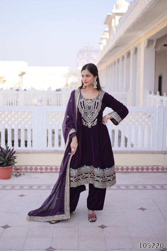 Designer Velvet Top Pant with Tebby Silk Dupatta – Sequins, Zari &amp; Thread Embroidered Set
