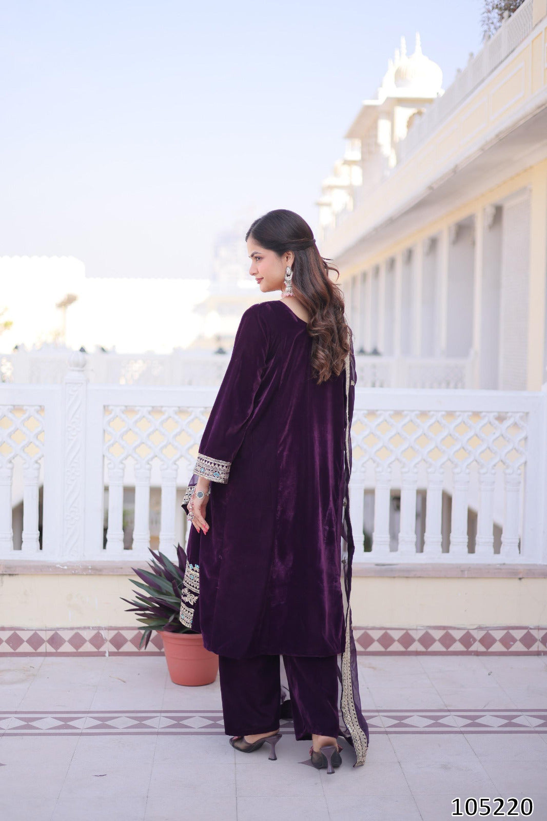 Designer Velvet Top Pant with Tebby Silk Dupatta – Sequins, Zari &amp; Thread Embroidered Set