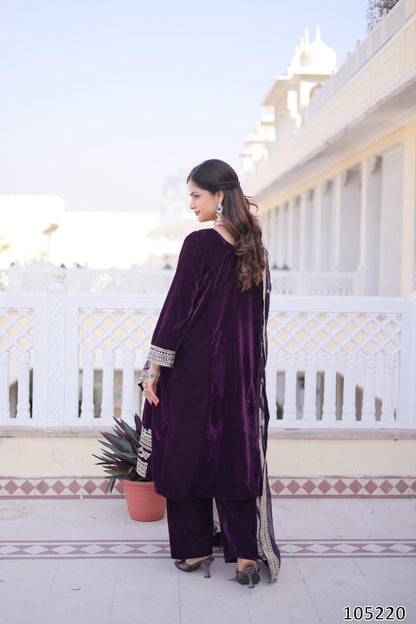 Designer Velvet Top Pant with Tebby Silk Dupatta – Sequins, Zari &amp; Thread Embroidered Set