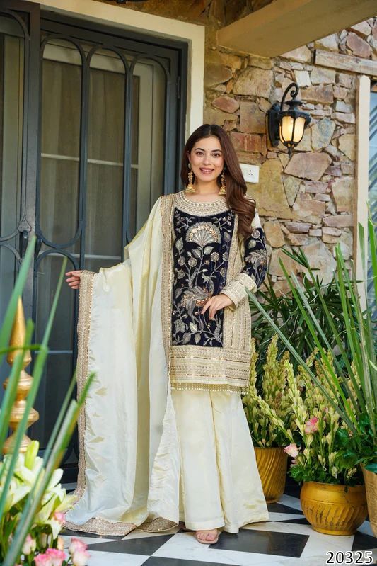 Designer Heavy Glass Organza Silk Top Plazzo with Dupatta – 5mm Sequins Embroidered Party Wear Set