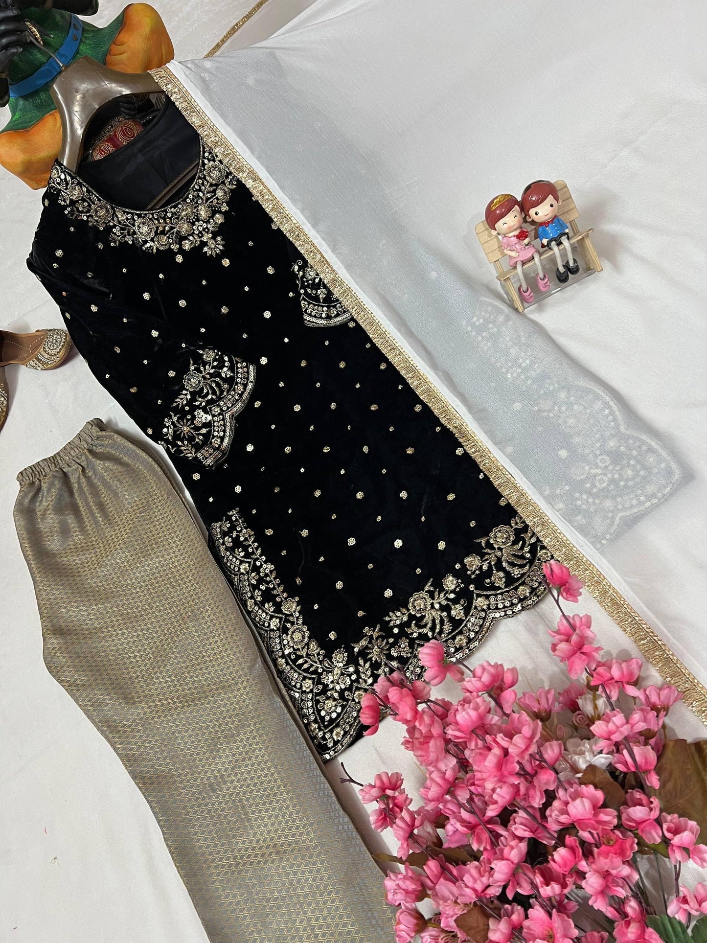 Designer Velvet Kurti Pant with Dupatta – 5mm Sequins &amp; Zari Embroidered Party Wear Set