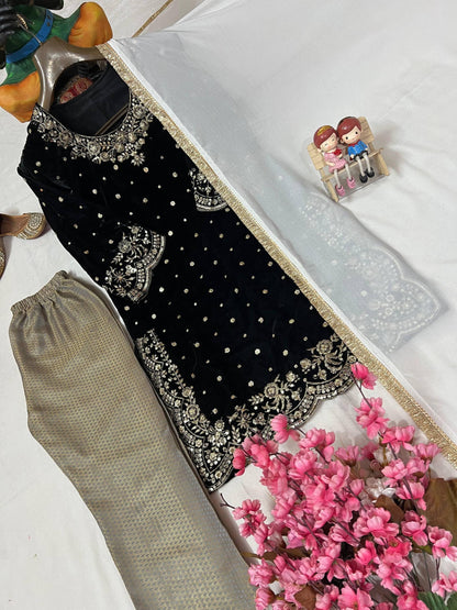 Designer Velvet Kurti Pant with Dupatta – 5mm Sequins &amp; Zari Embroidered Party Wear Set