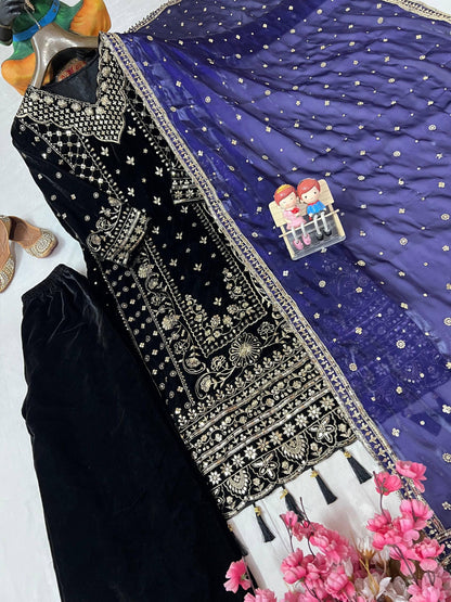 Premium Velvet Kurti Plazzo with Dupatta – 5mm Sequins &amp; Zari Embroidered Designer Set