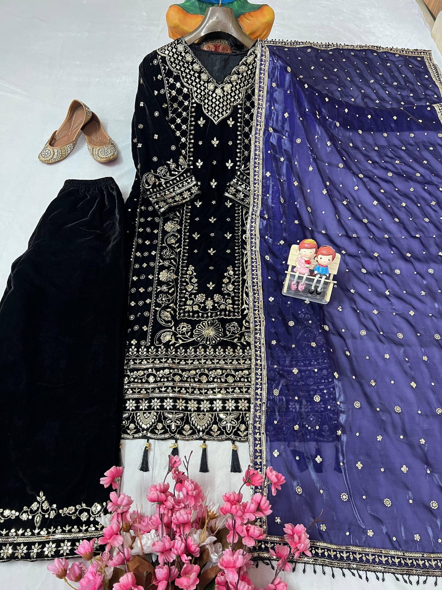 Premium Velvet Kurti Plazzo with Dupatta – 5mm Sequins &amp; Zari Embroidered Designer Set