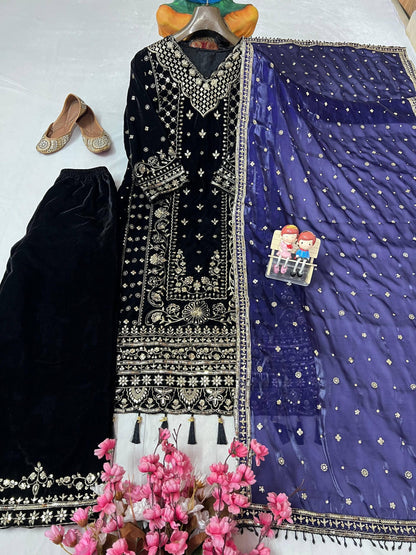 Premium Velvet Kurti Plazzo with Dupatta – 5mm Sequins &amp; Zari Embroidered Designer Set