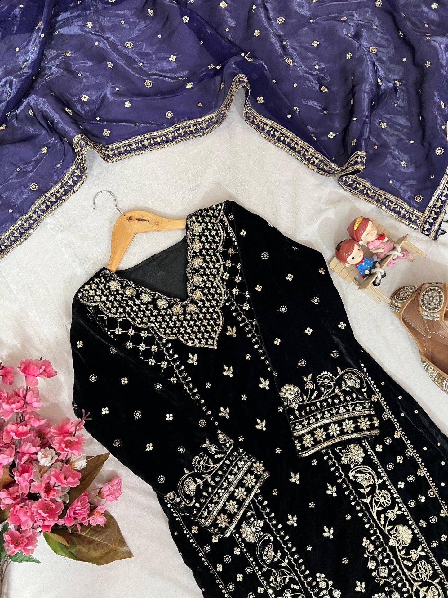 Premium Velvet Kurti Plazzo with Dupatta – 5mm Sequins &amp; Zari Embroidered Designer Set