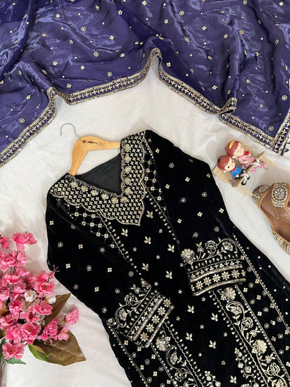 Premium Velvet Kurti Plazzo with Dupatta – 5mm Sequins &amp; Zari Embroidered Designer Set